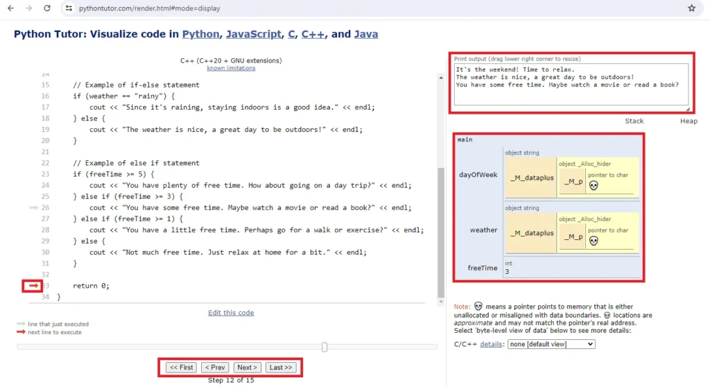 python tutor to visualize conditional statements in c++ program