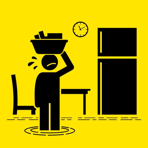 A person carrying a basket of items while standing in a flooded room near a refrigerator