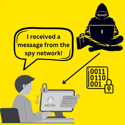 A spy sending an encrypted message to a person working on a computer.