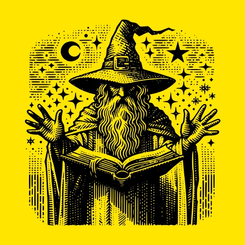 A wizard reading a book while casting a spell, surrounded by stars