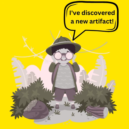 A young explorer excitedly finds an artifact in the jungle.