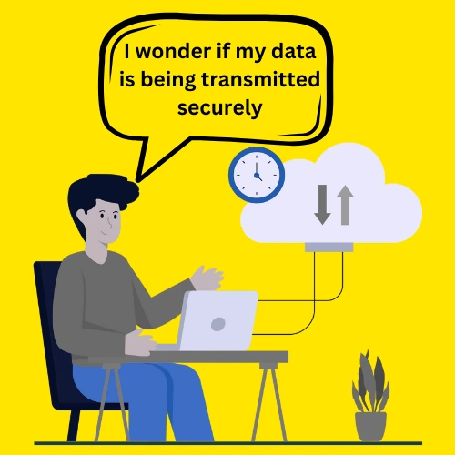 A man using a laptop wonders if his data is being transmitted securely