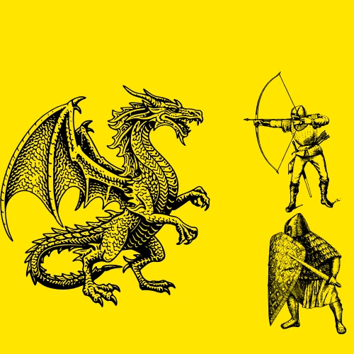 A knight and an archer prepare to fight a large dragon.