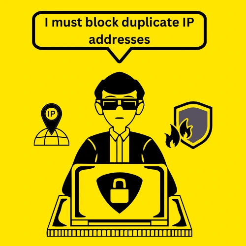 A cyber security expert blocking duplicate IP addresses on a laptop