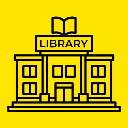 Icon of a library building with a book on top.