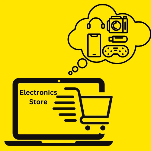 Illustration of an electronics store on a laptop screen with a shopping cart.