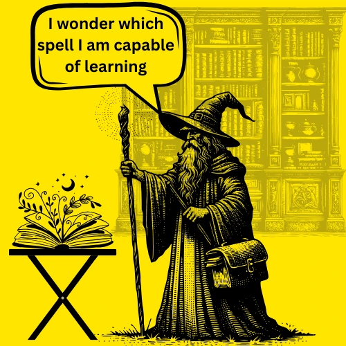 Illustration of a wizard looking at a spellbook.