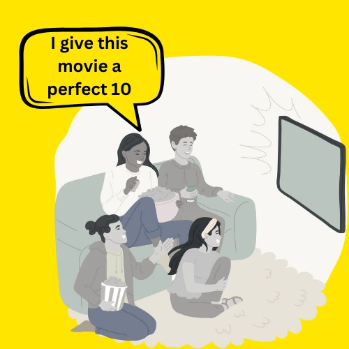 A group watching TV, one person rates the movie 10.