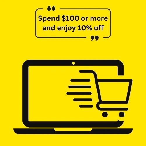 A laptop showing a shopping cart with a message for 10% off on purchases over $100.