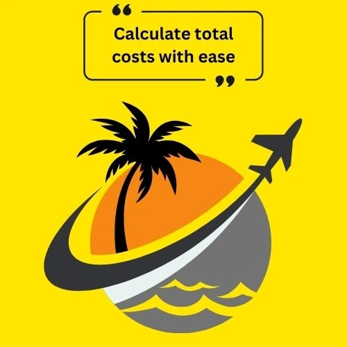 A tropical island and airplane image with a message about calculating travel costs.