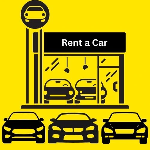 A car rental shop with different cars displayed outside.