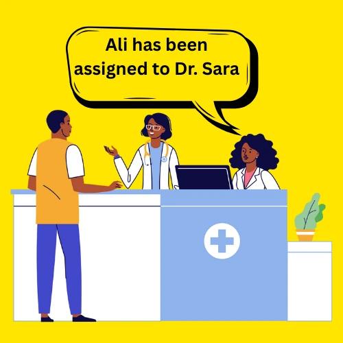A patient is being assigned to Dr. Sara at a hospital counter.