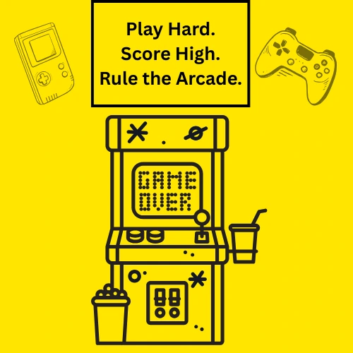 An arcade machine with “Game Over” and gaming items around it.