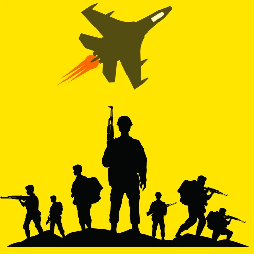 a group of soldiers on ground and a jet flying above.