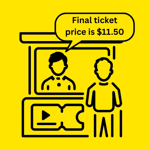 A person asking for the final ticket cost at a cinema counter.