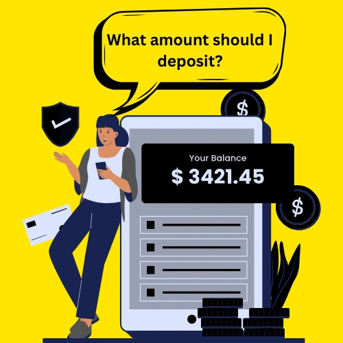 A woman checking balance and wondering how much to deposit.