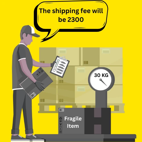 A worker weighing a package and giving the shipping cost.