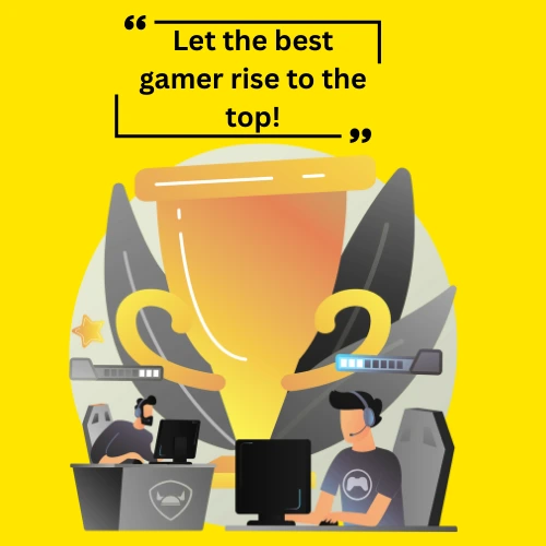 Two gamers playing with a big trophy in the background.